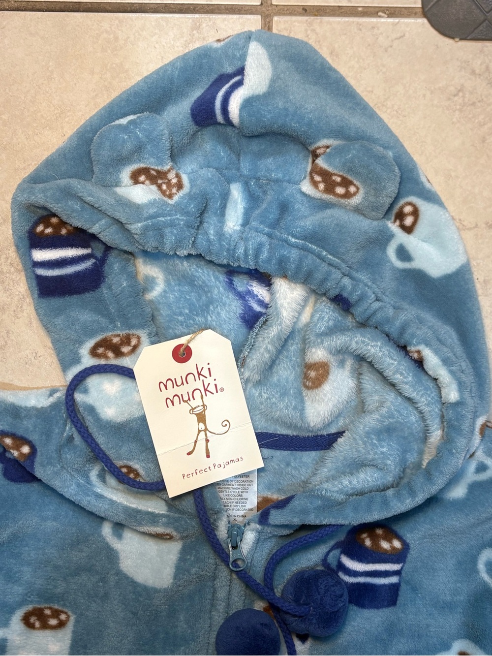 Munki Munki Ladies Plush Hooded One Piece Onesie Pajamas Blue Coffee Cup NWT - Picture 8 of 11